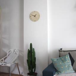 Wooden Geometric Clock, Memphis Design Style, Poplar Wood, Original Home Decor, Gold Silver Inlays, Round Shape 11 Inch - thumbnail 3