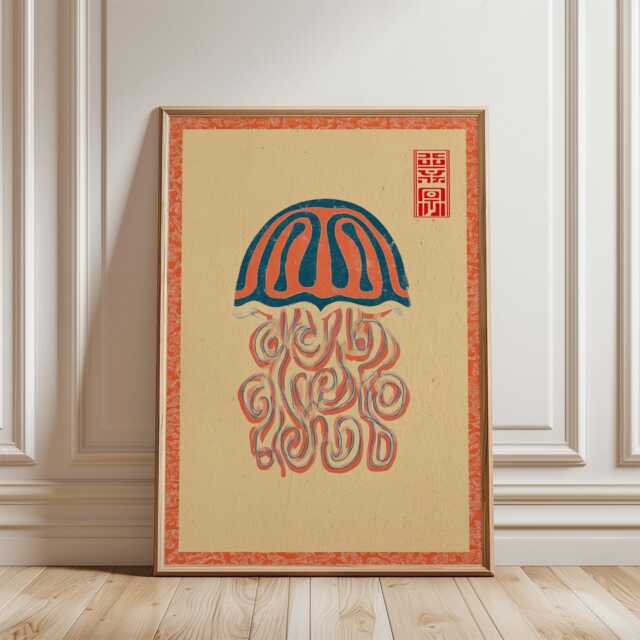 Red Blue Jellyfish Poster - Folk Linocut Illustration Japanese Style Marine Art - image 1