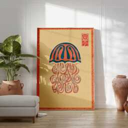 Red Blue Jellyfish Poster - Folk Linocut Illustration Japanese Style Marine Art - thumbnail 3
