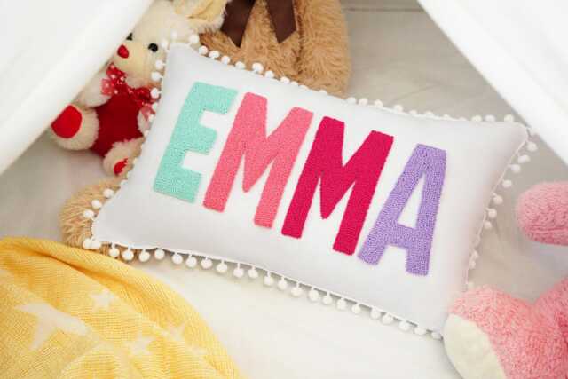 Personalize Name Embroidered Pillow, Custom Pom Trip Punch Needle Nursery Decor, Dorm Room Kid Bedroom Christmas Gift Idea - image 1