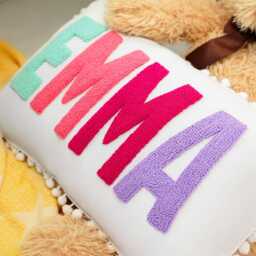 Personalize Name Embroidered Pillow, Custom Pom Trip Punch Needle Nursery Decor, Dorm Room Kid Bedroom Christmas Gift Idea - thumbnail 3