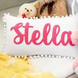 Personalize Name Embroidered Pillow, Custom Pom Trip Punch Needle Nursery Decor, Dorm Room Kid Bedroom Christmas Gift Idea - thumbnail 2