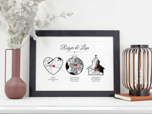Met Engaged Married Map Print - Personalised Wedding Anniversary Gift Custom Location Art With Three Special Places Va204 - image 1