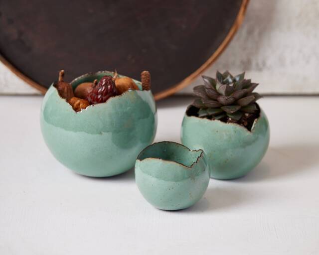 Set Of 3 Turquoise Handmade Eclectic Ceramic Planters, Unique Bohemian Home Decor, Indoor Decorative Planters - image 1