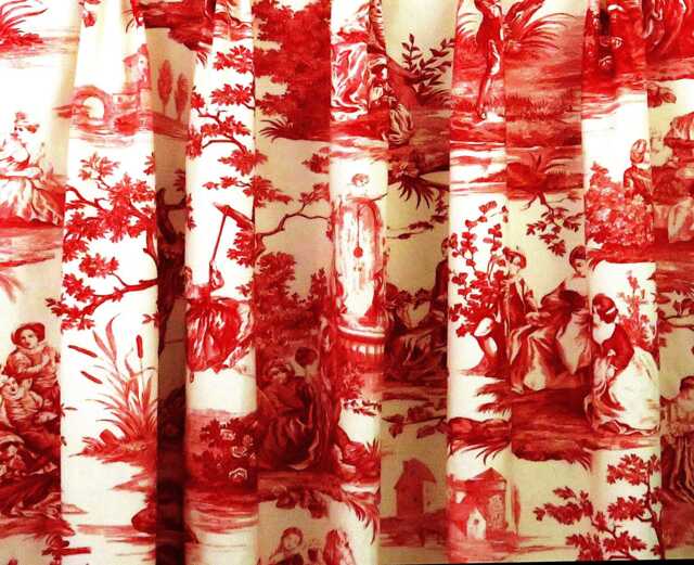 Red Ivory Toile Curtains, French Country Style Drapery Panels - image 1