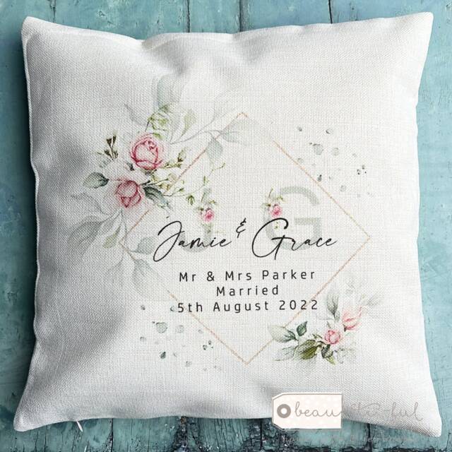 Personalised Just Married Mr Mrs Pink Roses Floral Greenery Design Home Quote Linen Style Cushion Cover