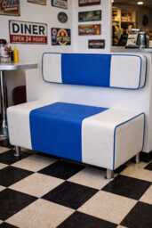 American Diner Bench Blue & White Faux Leather Footstool With Cushion