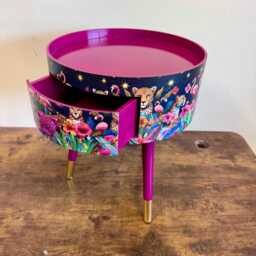 Cherry Blossom Pink Flamingo & Leopard Dreamy Table, Celestial Blue Gold Design Nightstand , Colourful Home Decor Round End Table - thumbnail 3