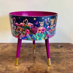 Cherry Blossom Pink Flamingo & Leopard Dreamy Table, Celestial Blue Gold Design Nightstand , Colourful Home Decor Round End Table