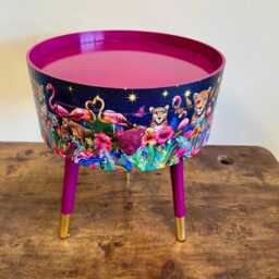 Cherry Blossom Pink Flamingo & Leopard Dreamy Table, Celestial Blue Gold Design Nightstand , Colourful Home Decor Round End Table - thumbnail 4