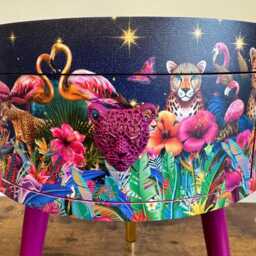 Cherry Blossom Pink Flamingo & Leopard Dreamy Table, Celestial Blue Gold Design Nightstand , Colourful Home Decor Round End Table - thumbnail 2