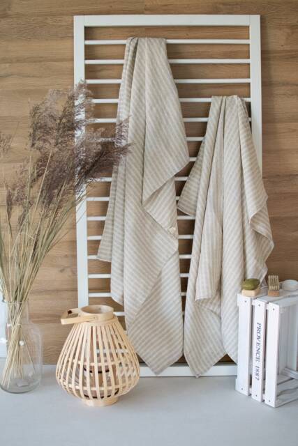 striped Natural Linen Body Towels Large Bath Sheets Pre Washed Throw Flat Beach New Home Present For Men - image 1