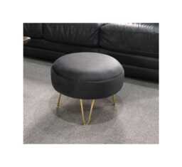 steel Grey Velvet Footstool - Round Ottoman With Golden Legs - thumbnail 1