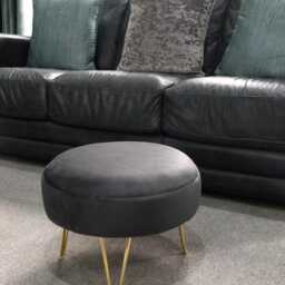 steel Grey Velvet Footstool - Round Ottoman With Golden Legs - thumbnail 2