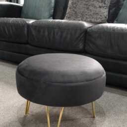 steel Grey Velvet Footstool - Round Ottoman With Golden Legs - thumbnail 4