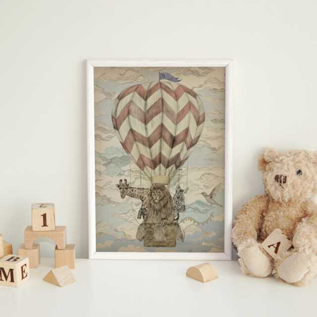 Hot Air Balloon Animal Print - Vintage Nursery Wall Art With Lion, Giraffe & Zebra Whimsical Baby Room Decor - image 1