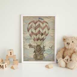 Hot Air Balloon Animal Print - Vintage Nursery Wall Art With Lion, Giraffe & Zebra Whimsical Baby Room Decor - thumbnail 1