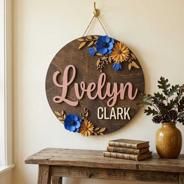 Personalized Floral Nursery Name Sign, Custom Wooden Baby Girl Plaque, Boho Flower Wall Decor, Shower Gift - image 1