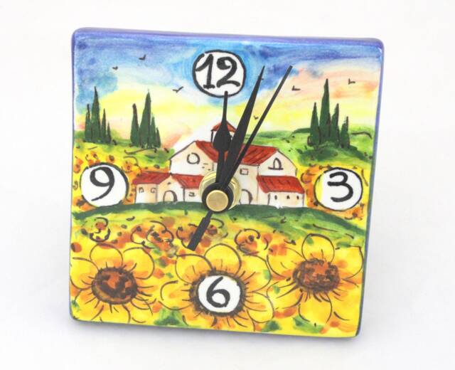 Italian Ceramic Desk & Wall Clock With Tuscan Sunflowers, Hand Painted Table Made in Italy - image 1
