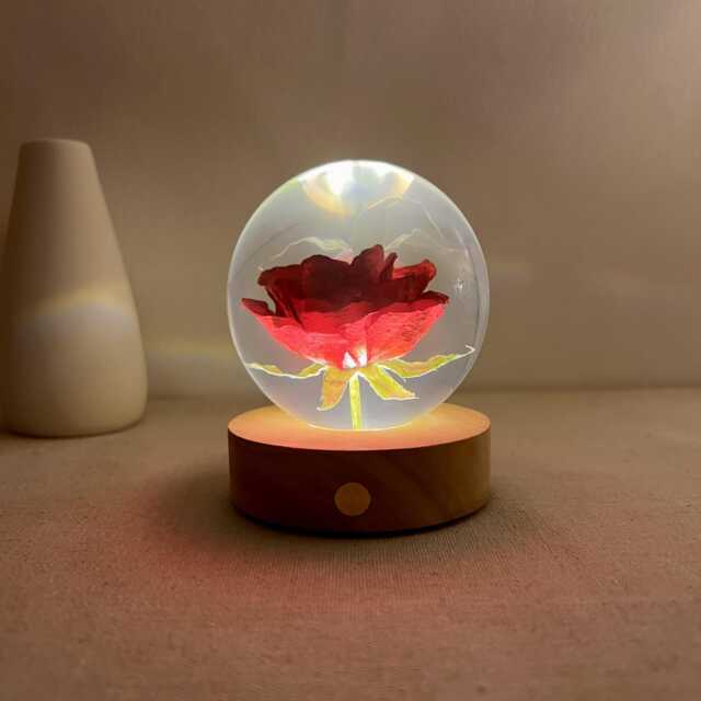 Custom Rose Resin Ball, Dried Flower Night Light, Real Lamp, Eternal Preserved Red Floral Art, Anniversary Gifts - image 1