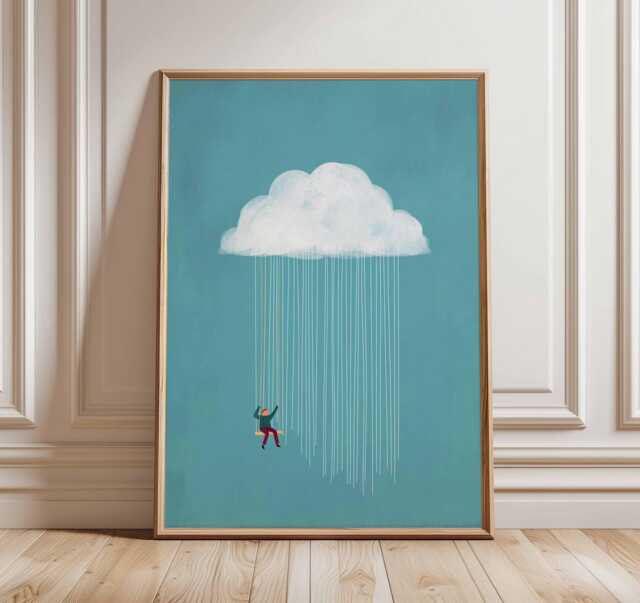 Whimsical Cloud Rain Wall Art Print, Minimalist Surreal Illustration Poster, Modern Abstract Dreamy Artwork, Playful Contemporary Decor - image 1