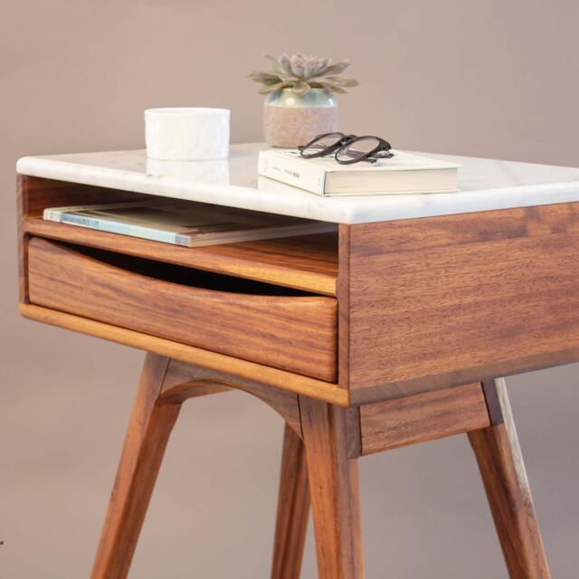 Handmade Wooden & Marble Nightstand With Drawer Modern Minimalist For Bedroom Vintage-Inspired Bedside Cabinet Scandinavia - image 1