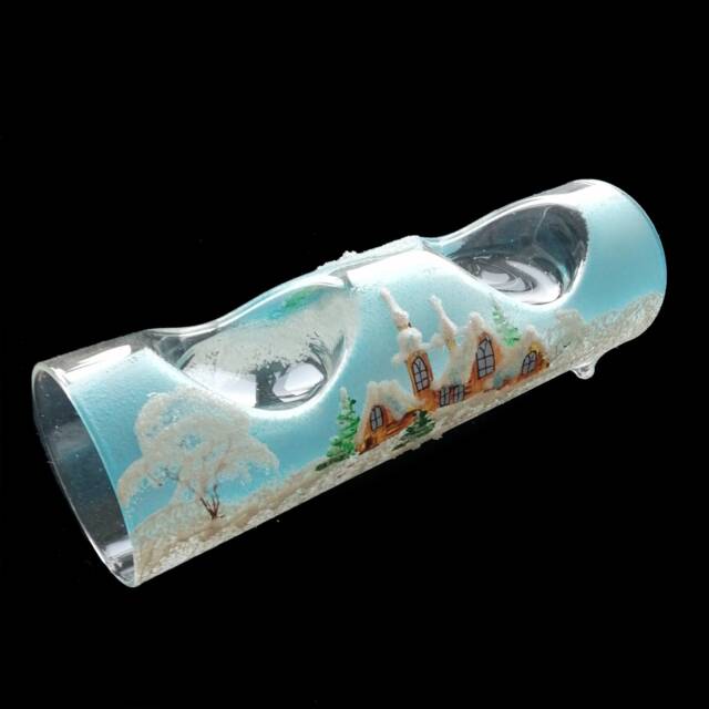 Czech Glass Christmas Candle Holder Hand Painted Winter Scene 7.5 - image 1
