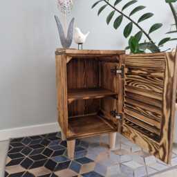 Handcrafted Wooden Bedside Table With Openwork Door & Solid Wood Legs - Natural Finish Nightstand - thumbnail 4