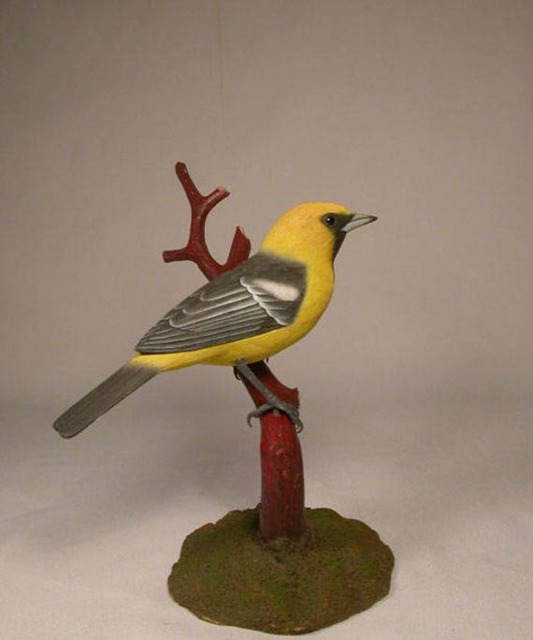Hooded Oriole On Branch Wooden Carved Bird - image 1