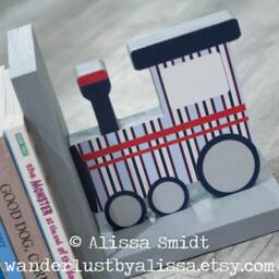 Train & Airplane Bookends, Wood Bookends - Custom Created To Coordinate With Your Decor - Transportation, Navy, Blue, Red Grey - thumbnail 3