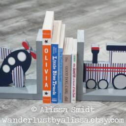Train & Airplane Bookends, Wood Bookends - Custom Created To Coordinate With Your Decor - Transportation, Navy, Blue, Red Grey - thumbnail 2