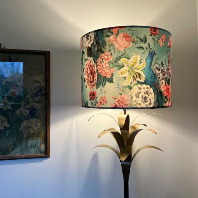 Peacock Floral Velvet Drum Lampshade/Ceiling Shade, in Duck Egg, With A White Lining - image 1