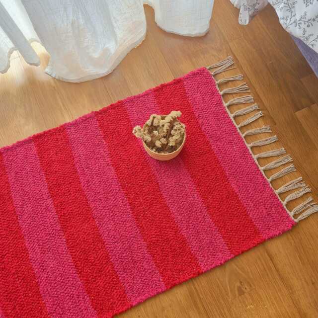 Mini Red & Pink Rug/Bathroom Bedside Cotton Soft Washable Rugs For Bedroom Striped Entryway - image 1