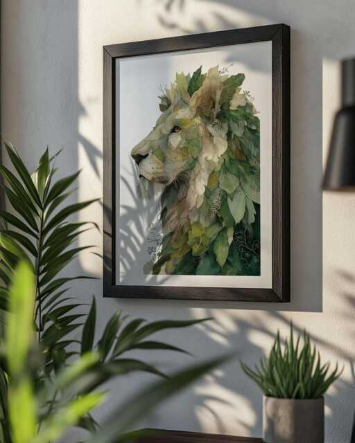 Overgrowth King Botanical Lion Wall Art Print - Leafy Jungle Foliage Animal Poster Framed & Unframed Options Available, Wildlife Decor - image 1