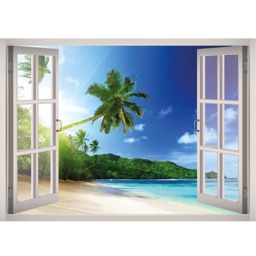 Tropical Beach View Window 3D Wall Decal Art Removable Palm Tree Wallpaper Mural Sticker Vinyl Home Decor - thumbnail 2
