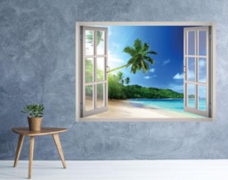 Tropical Beach View Window 3D Wall Decal Art Removable Palm Tree Wallpaper Mural Sticker Vinyl Home Decor - thumbnail 1