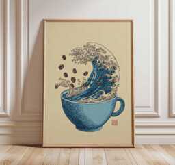 Coffee Wave Wall Art Print, Blue Cup Poster With Ocean Design, Japanese Inspired Artwork, Cafe Kitchen Decor - thumbnail 1