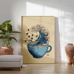 Coffee Wave Wall Art Print, Blue Cup Poster With Ocean Design, Japanese Inspired Artwork, Cafe Kitchen Decor - thumbnail 4