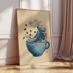 Coffee Wave Wall Art Print, Blue Cup Poster With Ocean Design, Japanese Inspired Artwork, Cafe Kitchen Decor - thumbnail 2