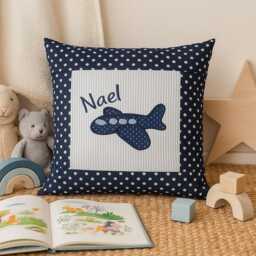 Embroidered Pillow Airplane + Name //Light Blue - Navy// 40x40 Pillowcase Gift Cuddly Pillow Snuggle Personalized - thumbnail 4