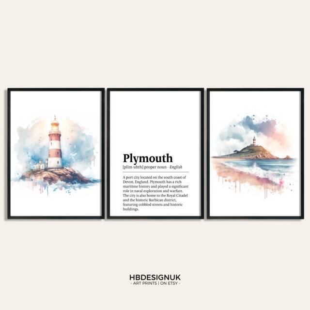 Plymouth Travel Poster Set - Of 3 Prints - Watercolour Lighthouse Print Wall Hanging Decor Art Devon Gifts Artwork - image 1