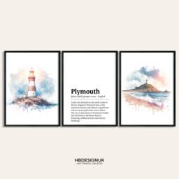 Plymouth Travel Poster Set - Of 3 Prints - Watercolour Lighthouse Print Wall Hanging Decor Art Devon Gifts Artwork - thumbnail 1