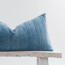 Striped Stonewash Lumbar Pillow Cover, Faded Blue Rustic Cushion - thumbnail 2