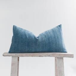Striped Stonewash Lumbar Pillow Cover, Faded Blue Rustic Cushion