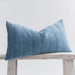 Striped Stonewash Lumbar Pillow Cover, Faded Blue Rustic Cushion - thumbnail 3