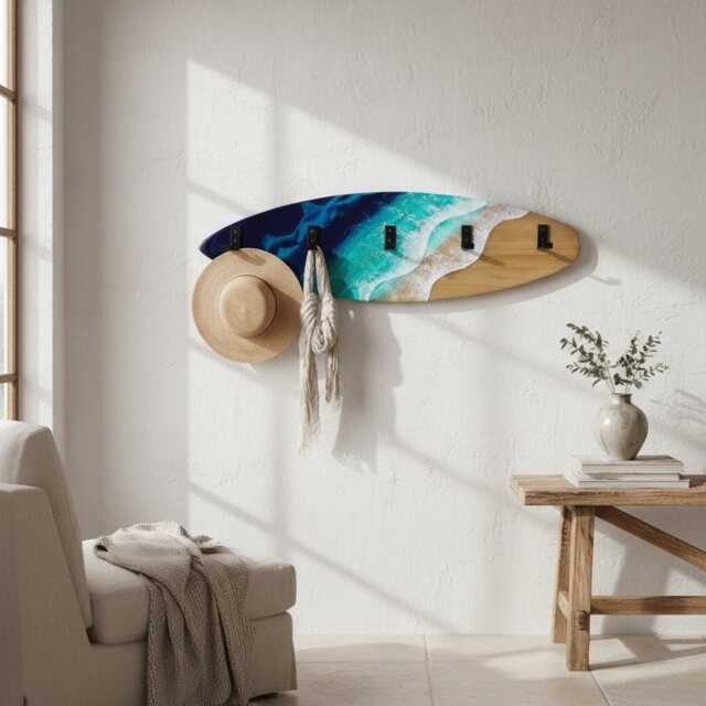 Made To Order Resin Surfboard Wall Rack - Ocean Wave Coat & Towel Hanger Coastal Entryway Storage Custom Sizes 100??28/120??30 cm - image 1
