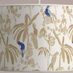Tropical Lampshade in Fabric, Blue Birds Palm Trees Pattern, Exotic Style, Handmade France, Available As A & Pendant Light - thumbnail 3