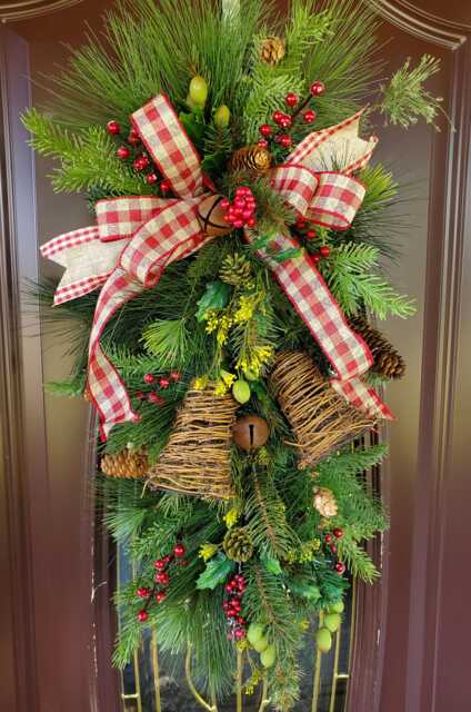 Rustic Primitive Christmas Bell Swag With Grapevine Pinecones Berries & Red White Check Bow Farmhouse Winter Door Wreath - image 1