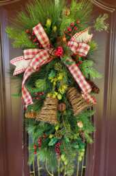 Rustic Primitive Christmas Bell Swag With Grapevine Pinecones Berries & Red White Check Bow Farmhouse Winter Door Wreath - thumbnail 1