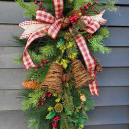 Rustic Primitive Christmas Bell Swag With Grapevine Pinecones Berries & Red White Check Bow Farmhouse Winter Door Wreath - thumbnail 2